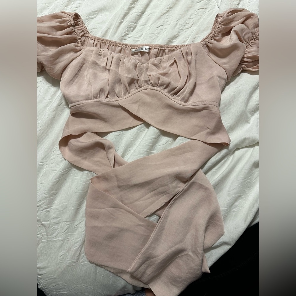 Baby Pink Cropped Wrap Tie Blouse